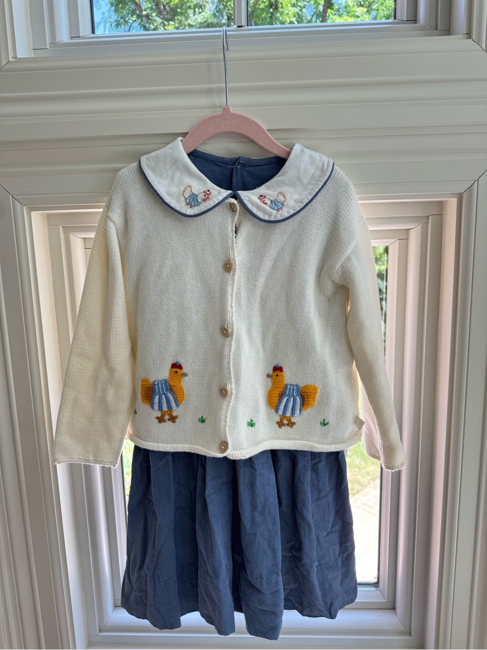 Cream Knit Cardigan with Embroidered Chickens - Girls